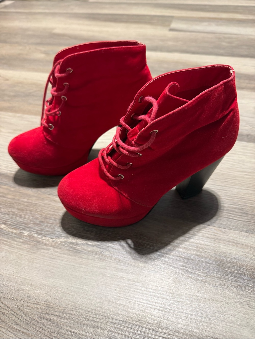 Red Lace-Up Suede Booties for Women